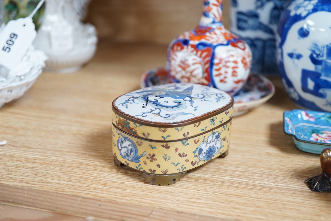 A pair of Chinese blue and white vases and covers and three other items, together with Japanese ceramics, cloisonné and Canton enamelware (11)